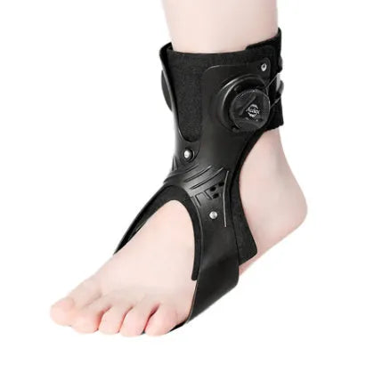 Grey and black airbag button ankle support brace for left or right foot, showing adjustable straps.