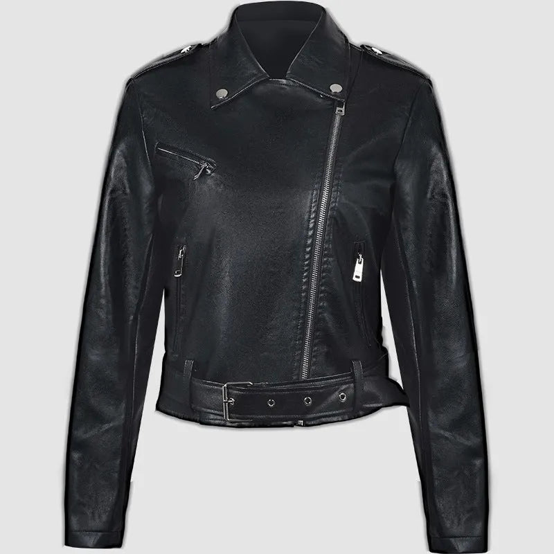 Women's red PU leather biker jacket with lapel collar and removable waist belt on a hanger.