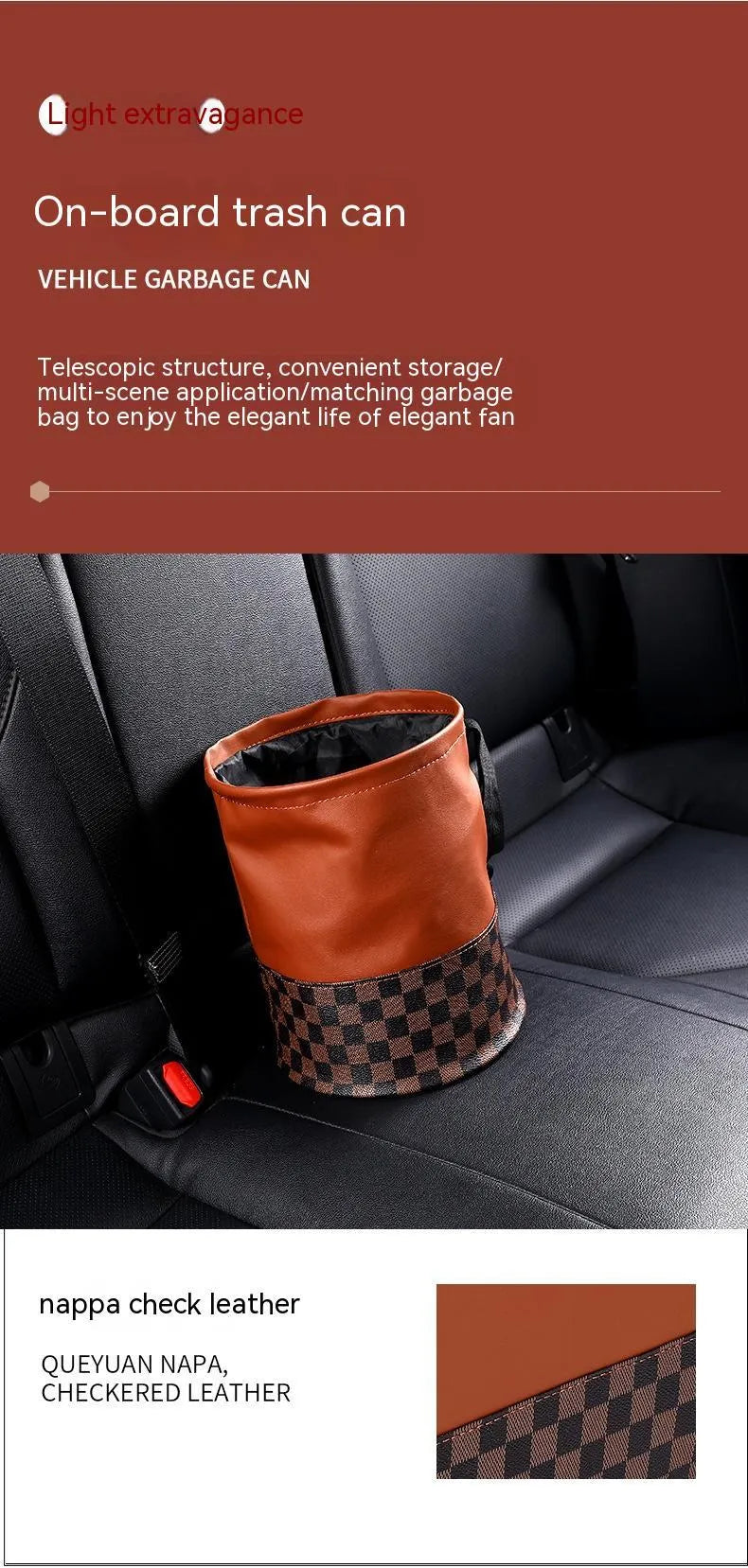 Black leather retractable foldable car trash can with handle shown open and folded.