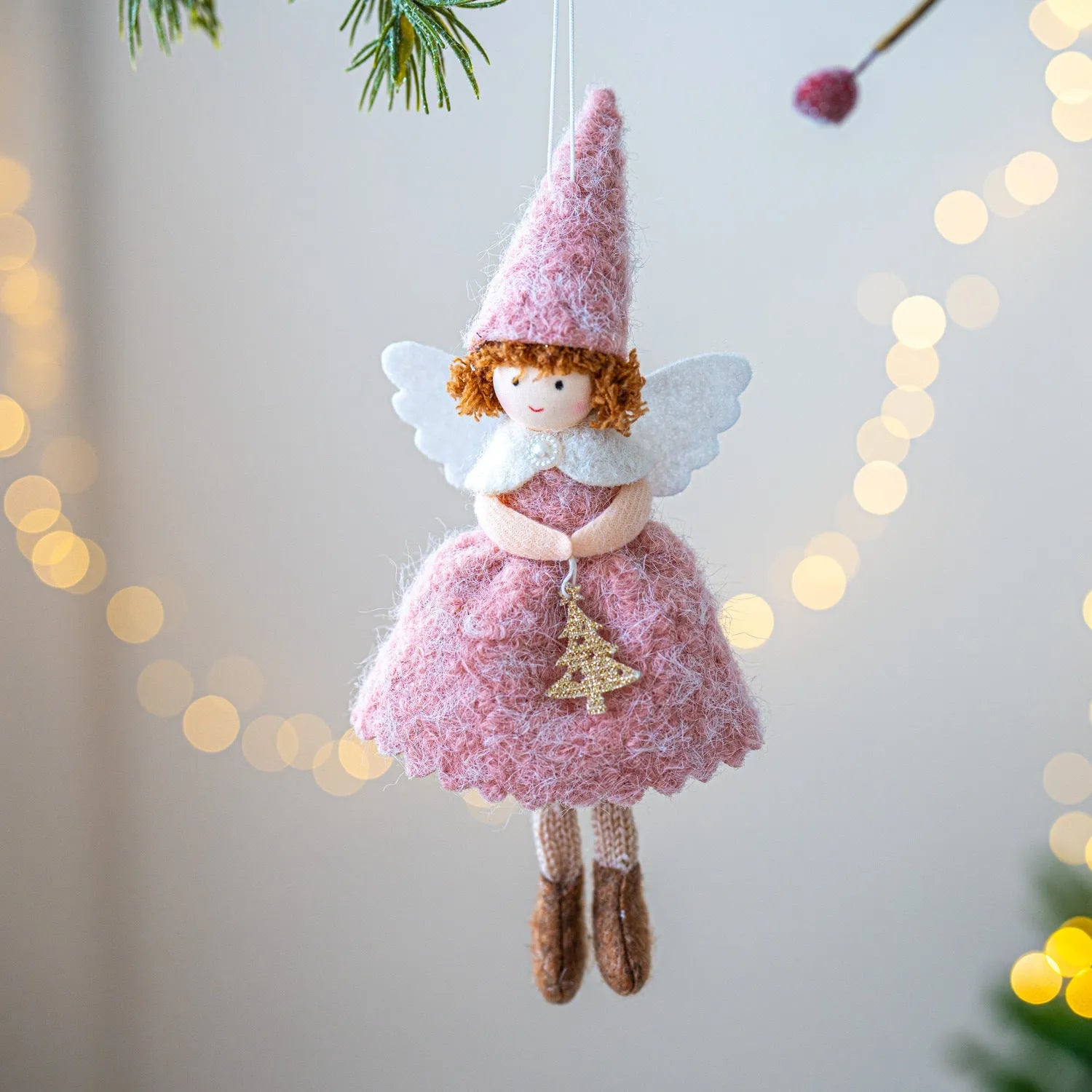 White and pink cloth angel skirt Christmas tree hanging ornament with plush pendant