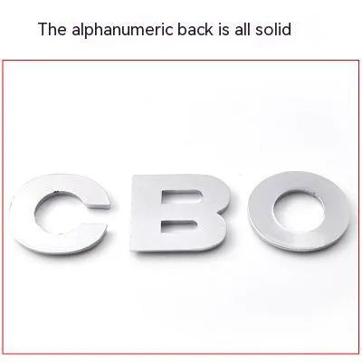 Zinc alloy 3D car bumper stickers showing individual metal letters approximately 2.5cm tall in black and silver finishes