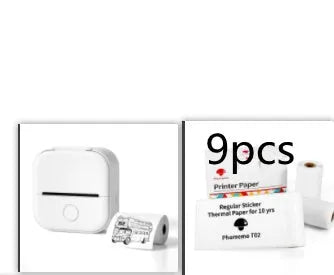 Phomemo T02 mini thermal label printer in white, showing front view with roll of sticky paper
