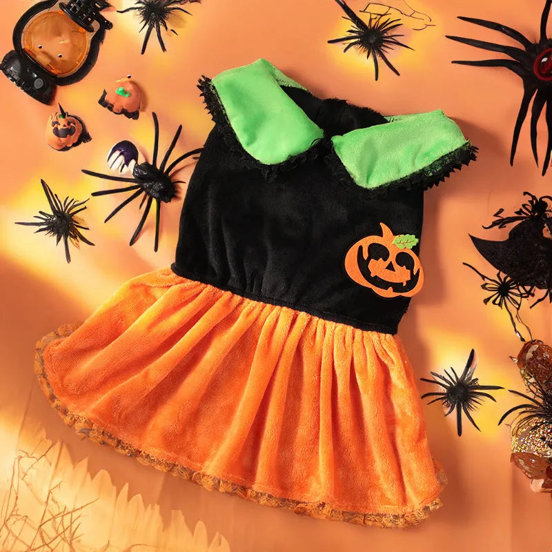 Crystal velvet pet costume with Halloween pumpkin skirt design for dogs and cats in various sizes