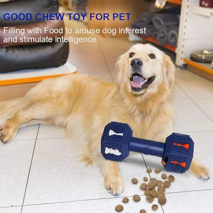 Natural rubber hollow dumbbell dog chew toy for aggressive chewers in blue.