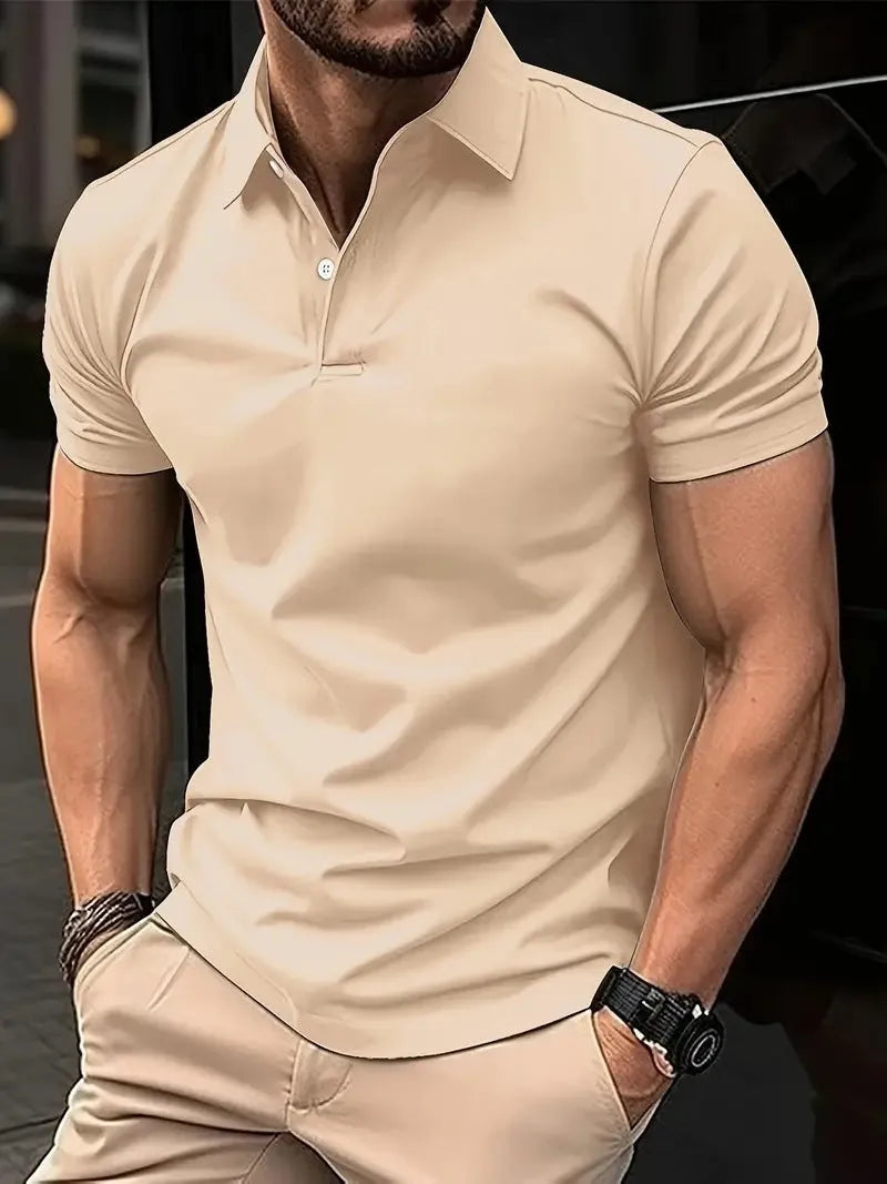 Men's slim fit solid colour short sleeve button-up shirt on a hanger
