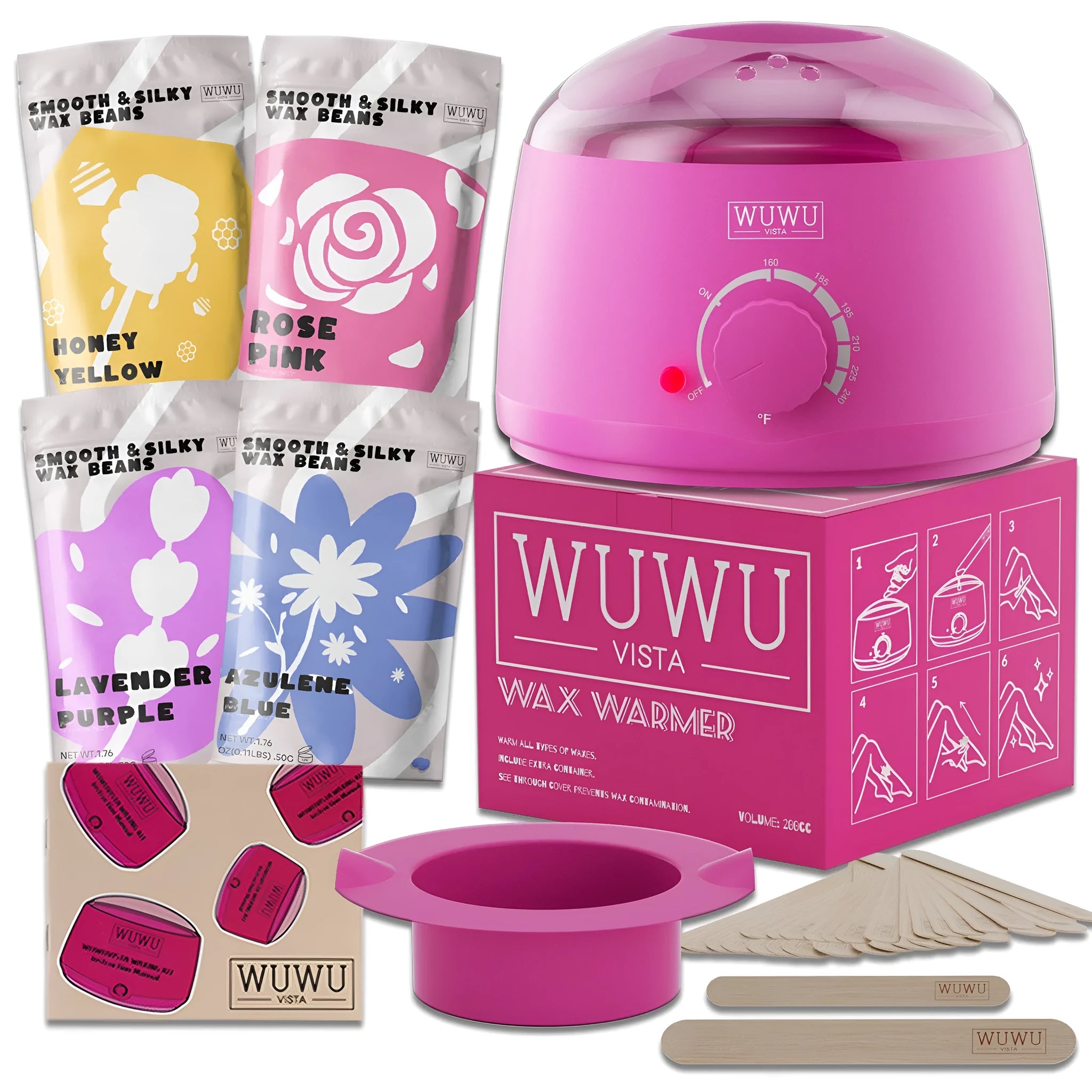 27-piece hair removal wax kit with wax warmer machine, 4 colour wax beads, and application sticks