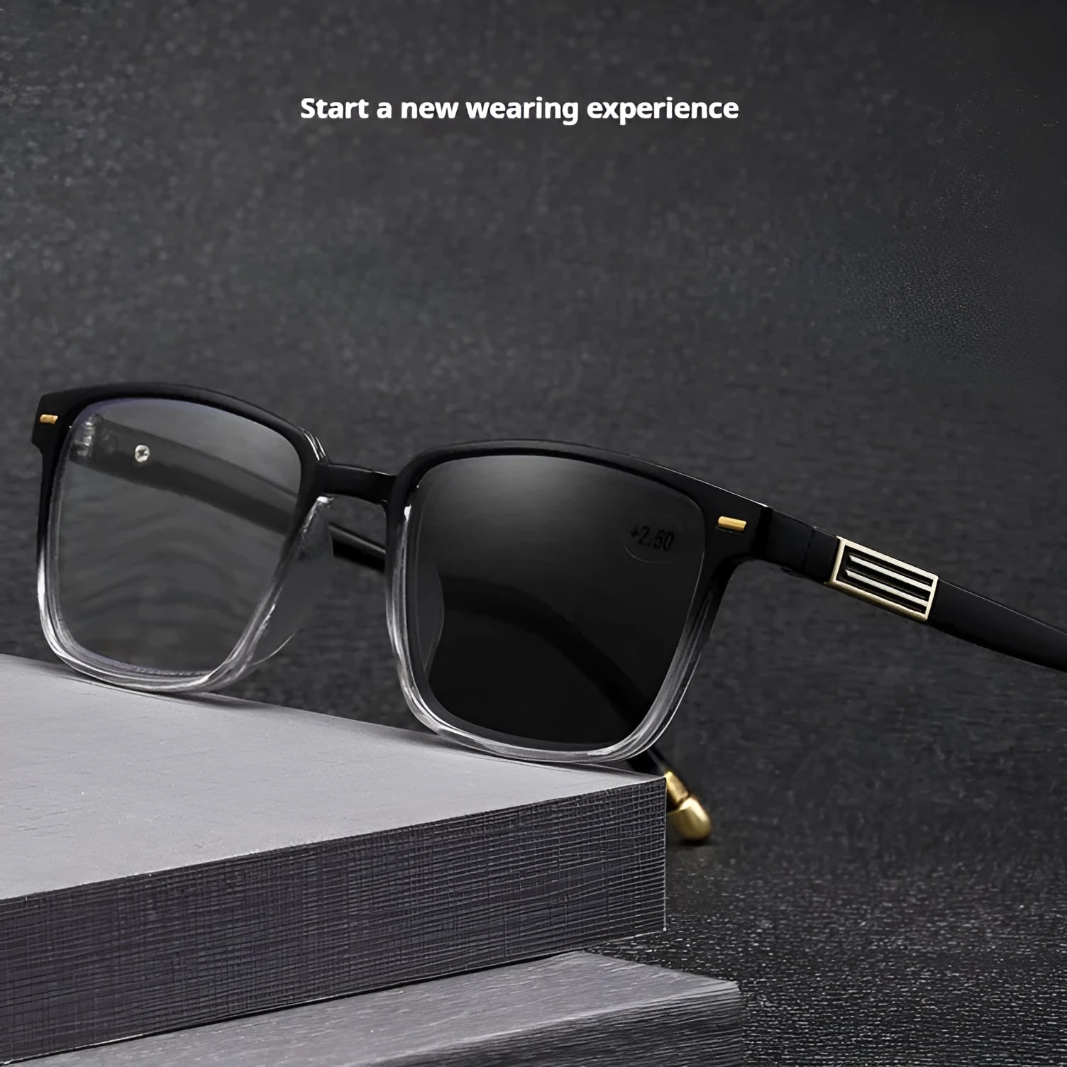 Anti blue light multifocal reading glasses with colour changing lenses in a black and gold frame style.