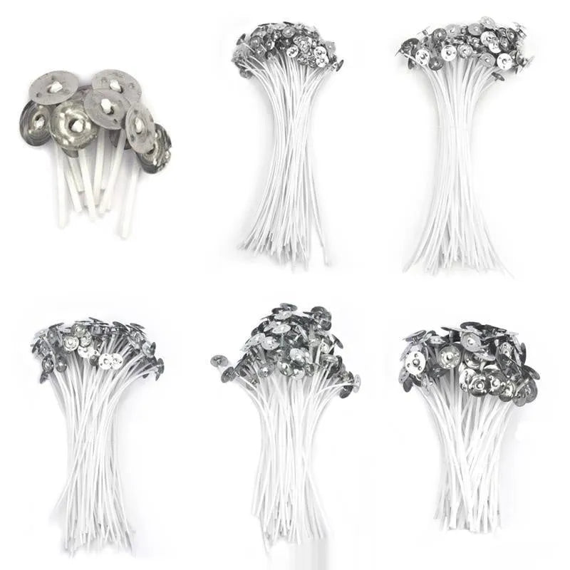 White cotton candle wicks in three lengths for DIY candle making.