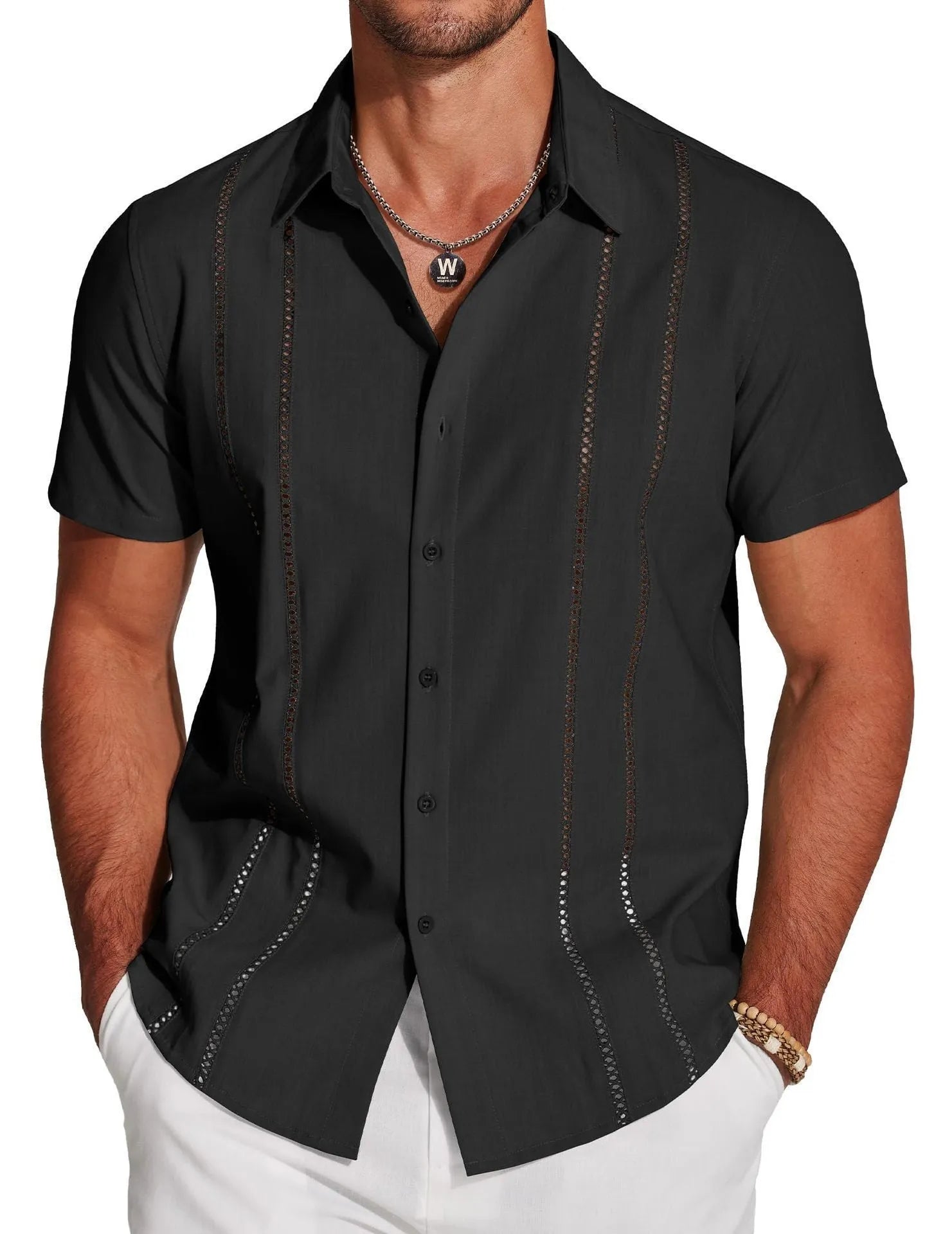 Men's slim fit cardigan-style Hawaiian short sleeve shirt with digital print pattern.