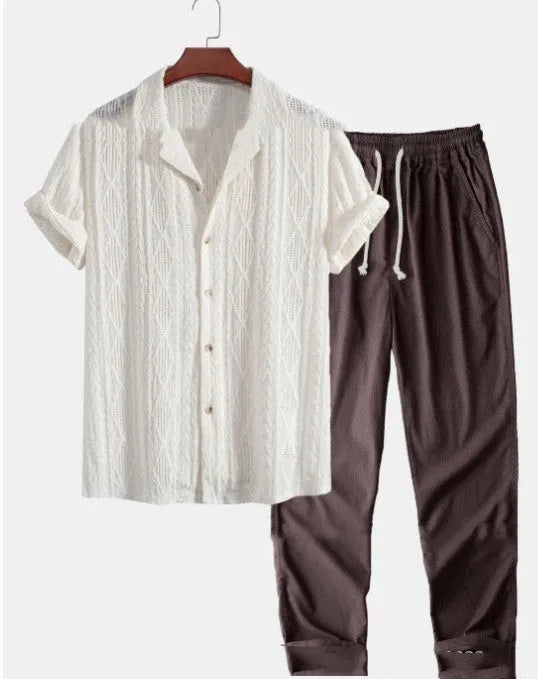 Men's loose short sleeve shirt and trousers suit in milk silk fabric for summer leisure wear