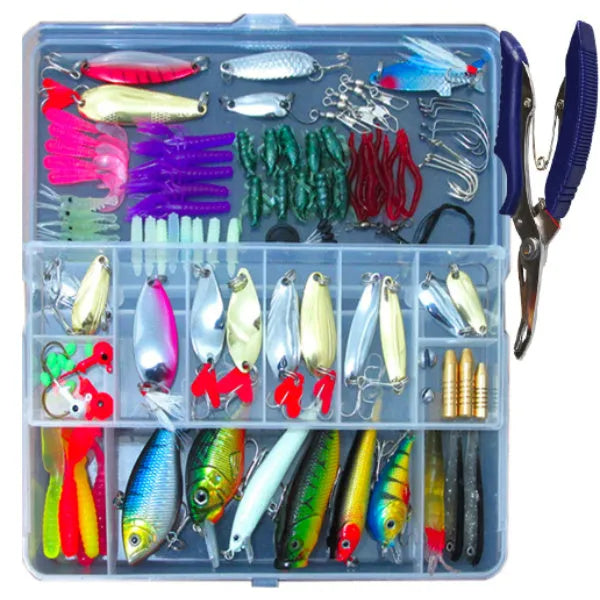 132-piece fishing lure set with soft baits and fishhooks in rose red colour
