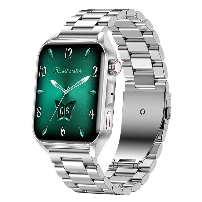AMOLED NFC smart watch with 1.8 inch display in black colour showing multiple watch faces and magnetic charger
