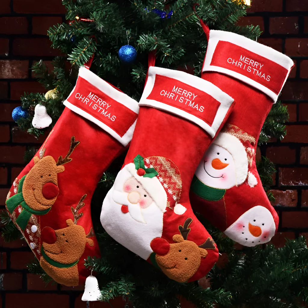 Christmas sock filler pendant with elk, elderly man, and snowman designs on non-woven fabric