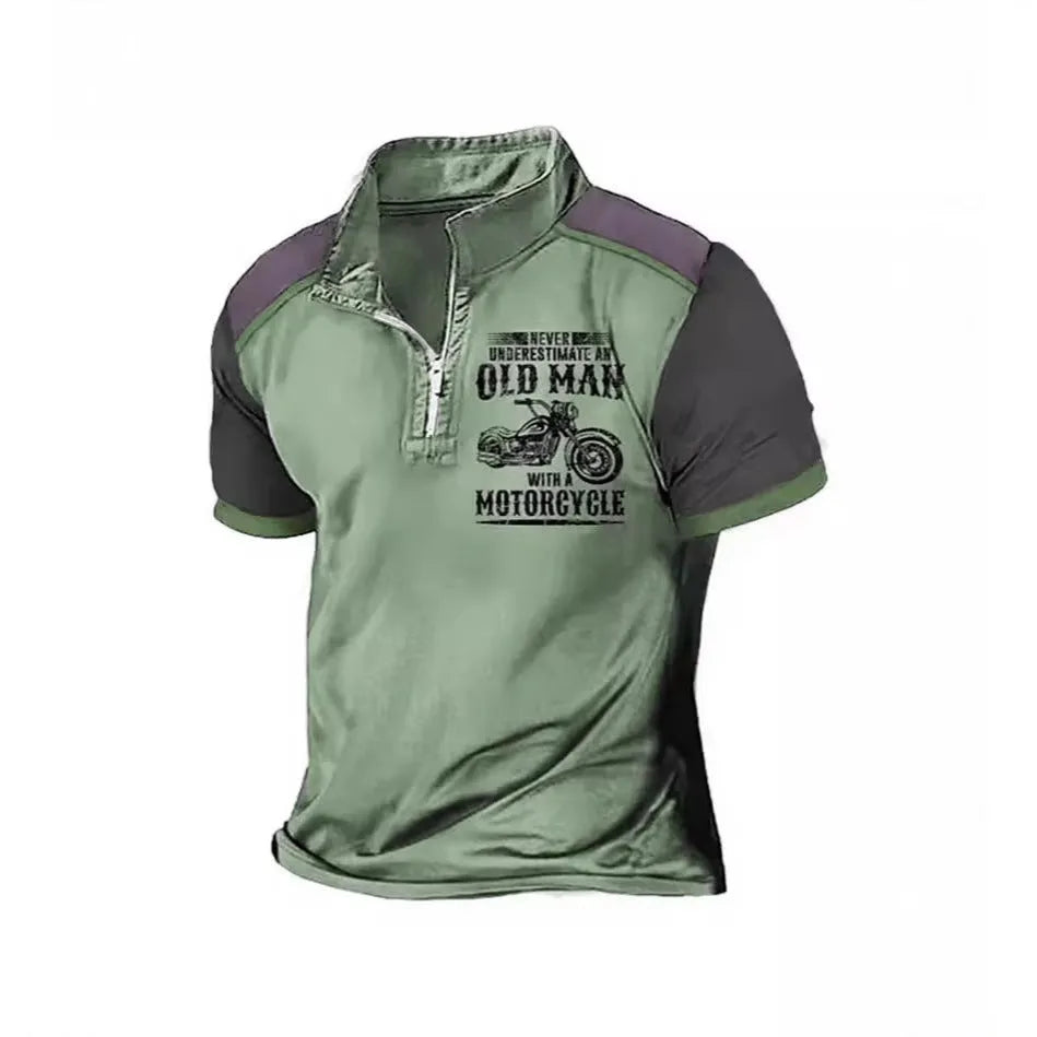 Men's casual polo shirt with a lapel collar and digital printed design on the front.