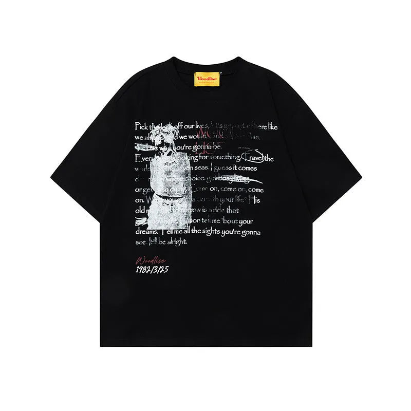 Men's black pure cotton loose retro T-shirt with white letter print and raglan sleeves