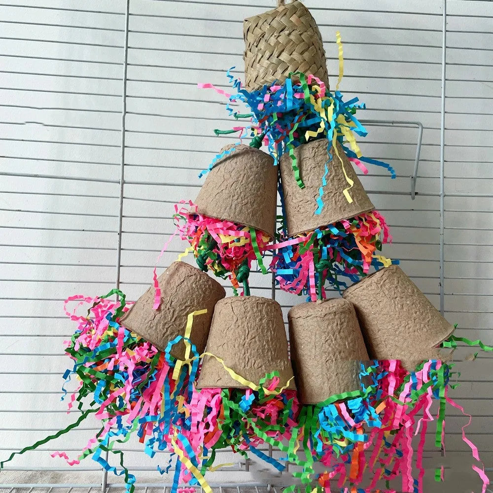 Parrot paper cup palm weaving gnawing toy hanging with woven texture visible