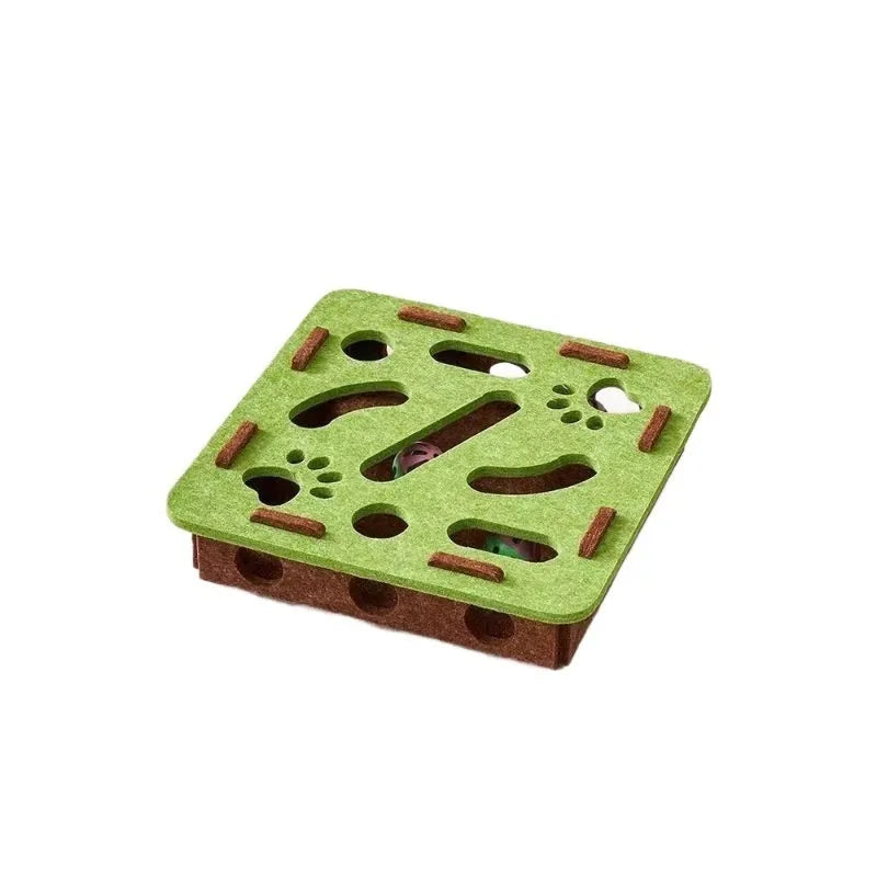 Felt cat toy box measuring 30x30x7.5cm with hole design for scratching