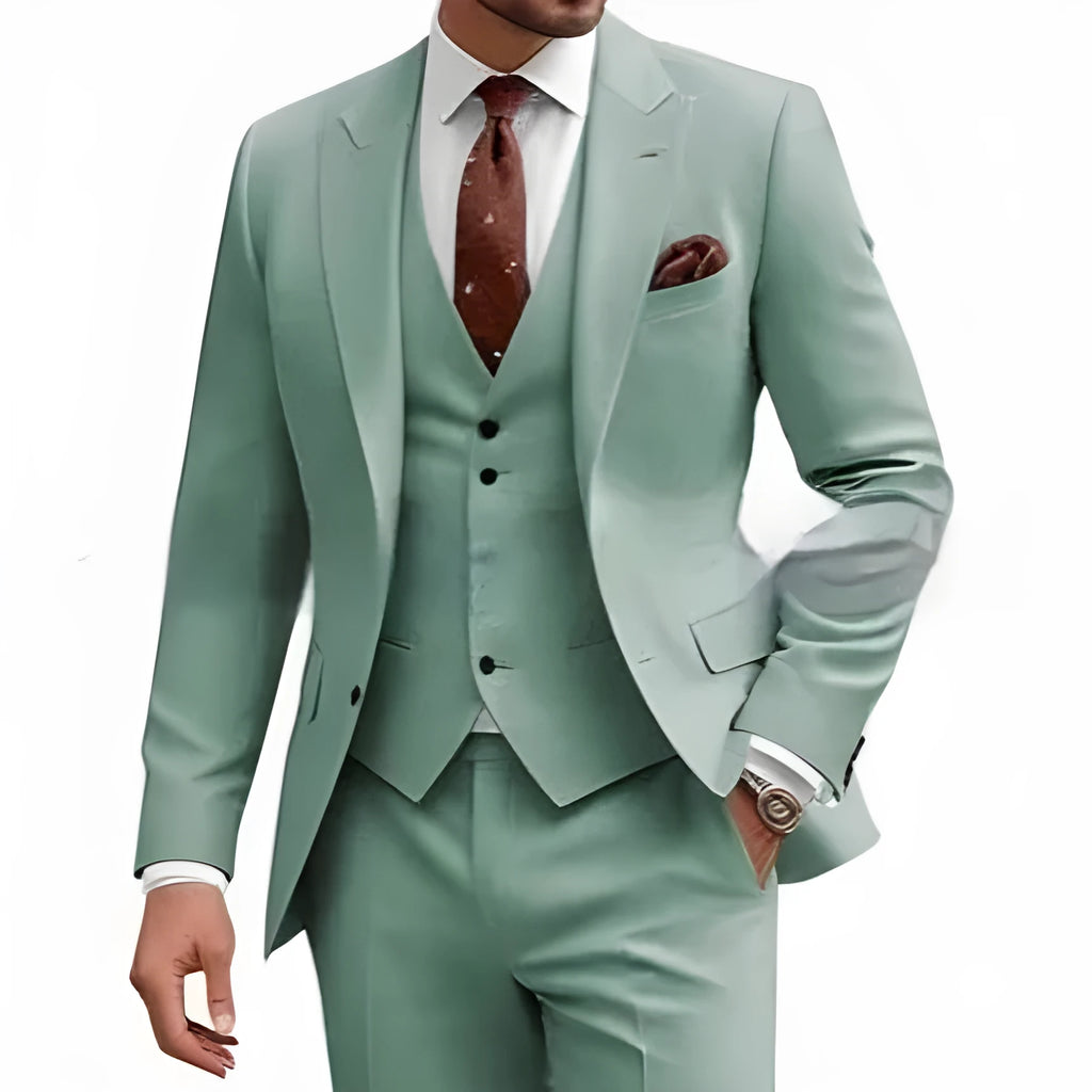 Men's slim fit three-piece suit in a choice of nine colours, shown on a hanger.