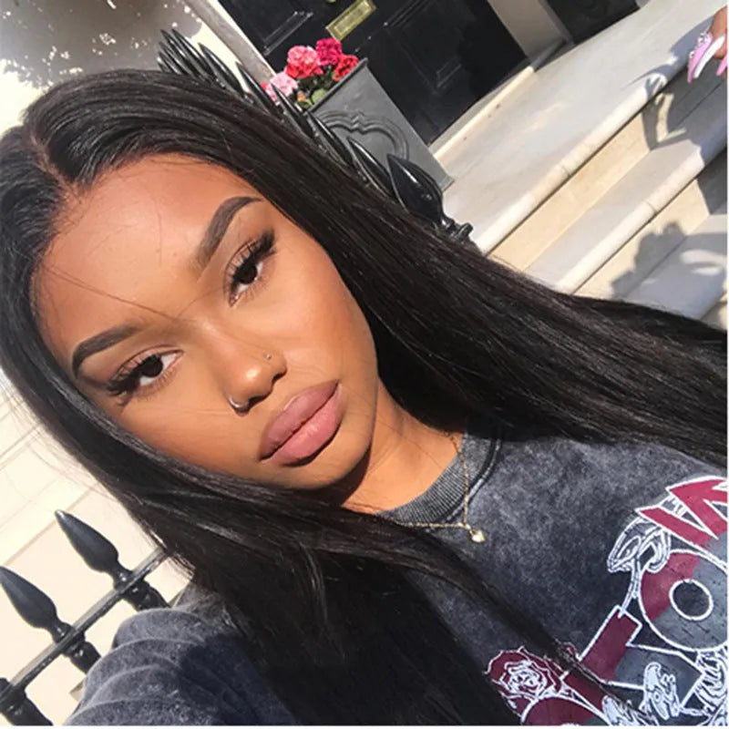 Synthetic long straight black wig with centre part and bangs for women