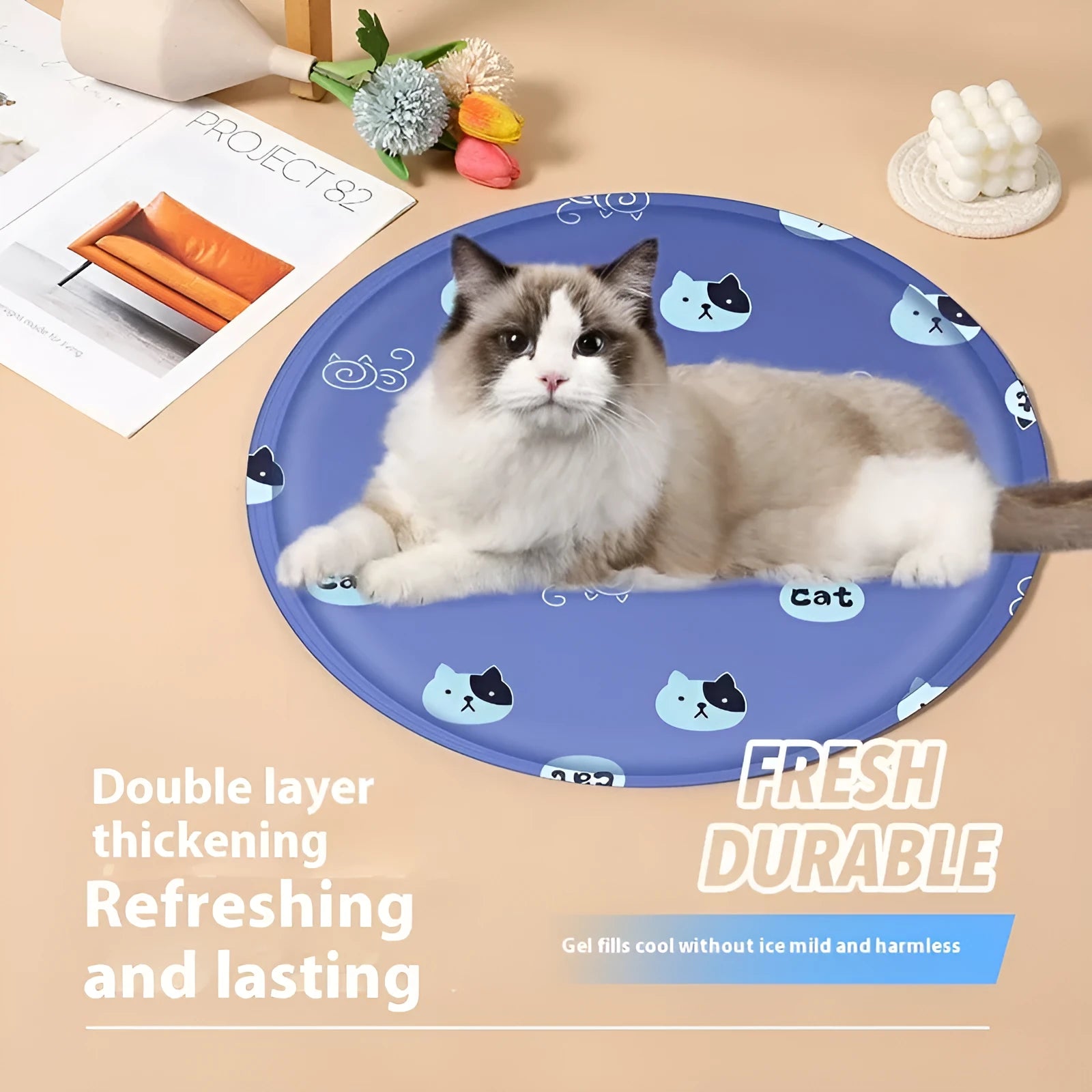 Round cloth cooling mat for dogs on a floor, showing cartoon corgi print and gel-filled design.