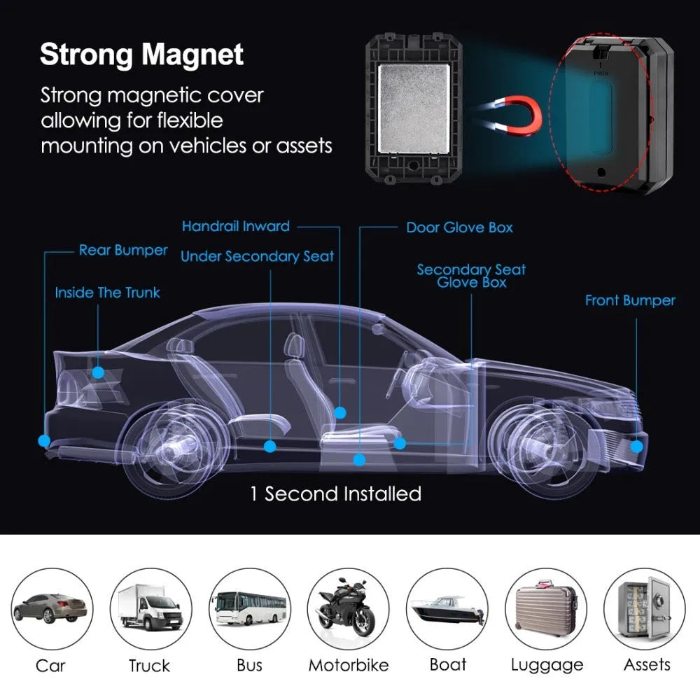 Black GPS car locator with 6000mAh battery capacity and IP65 waterproof rating