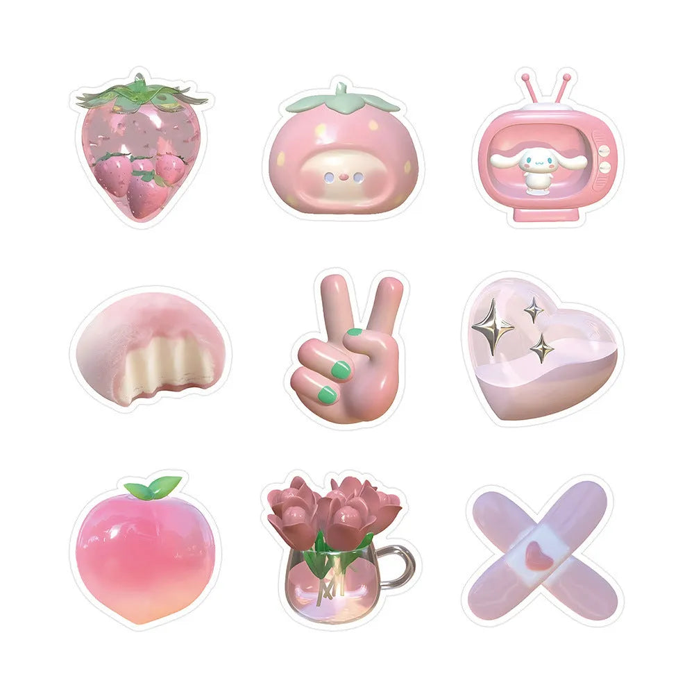 63-piece decorative sticker set with realistic 3D pink girl heart designs in two distinct patterns