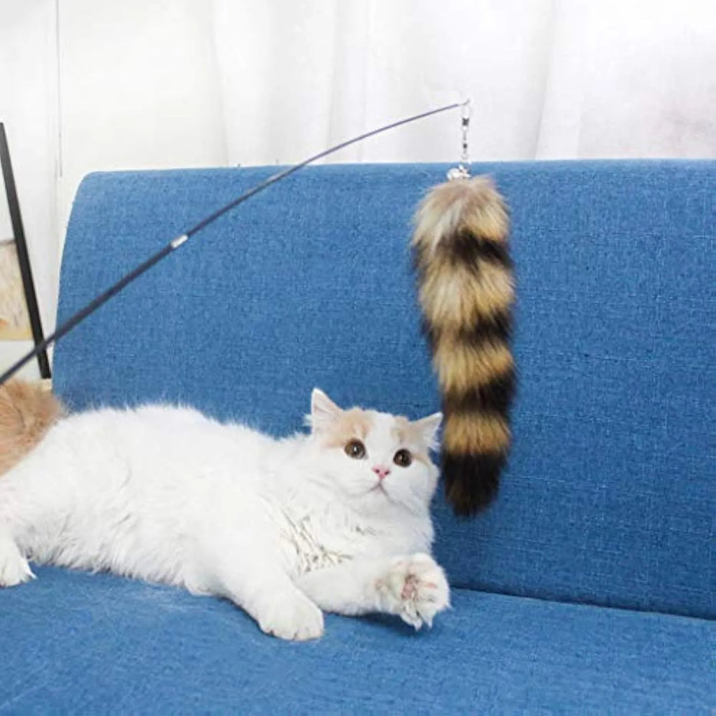 Black elastic cat wand teaser toy with long string for interactive play with kittens and cats.