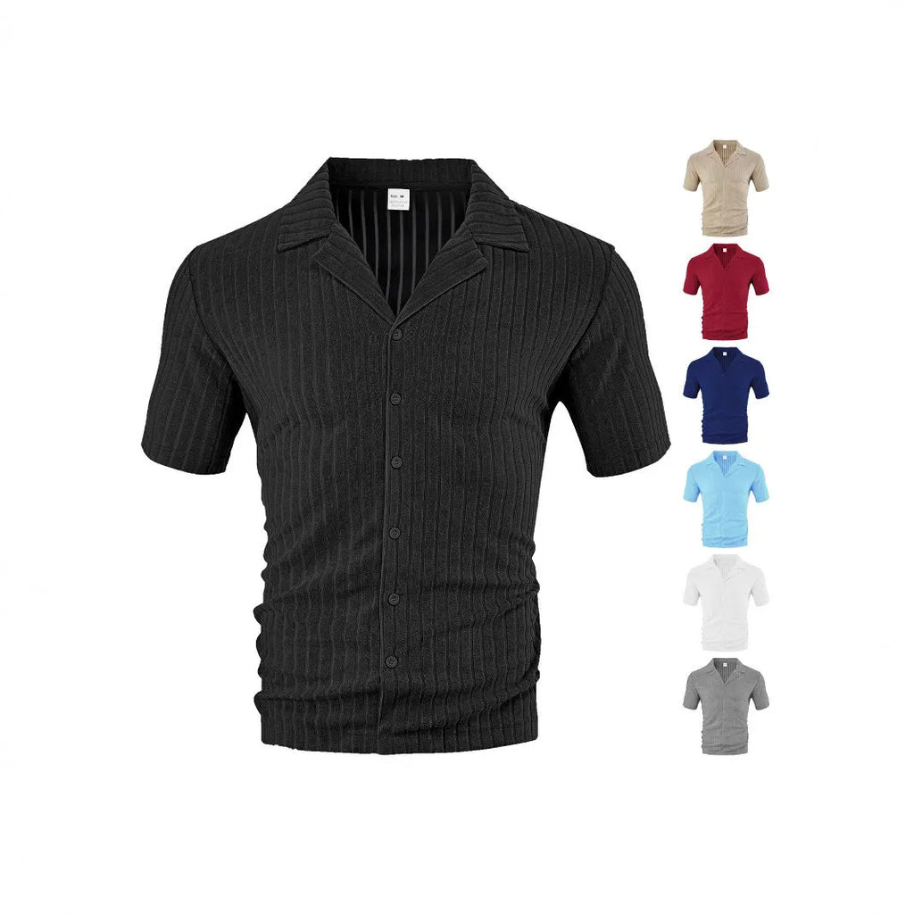 Men's loose casual cardigan short sleeve lapel top in polyester fabric 30 count available in six colours