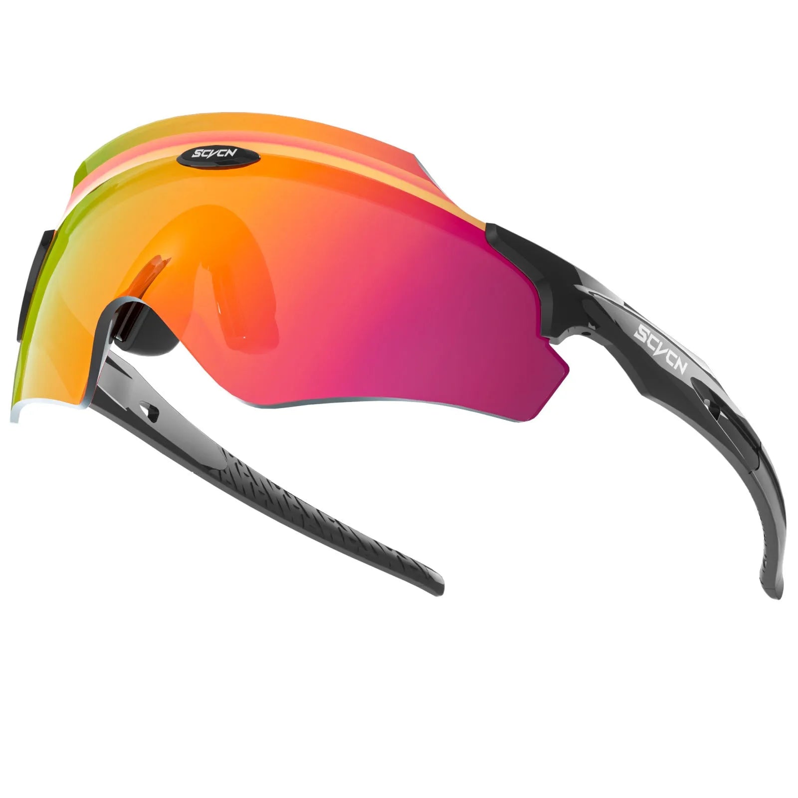 Frameless athletic sports glasses with integrated colourful lens in windproof design