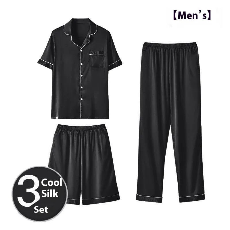 Men's ice silk three-piece pyjama set in black, showing shorts and trousers for lightweight home wear.