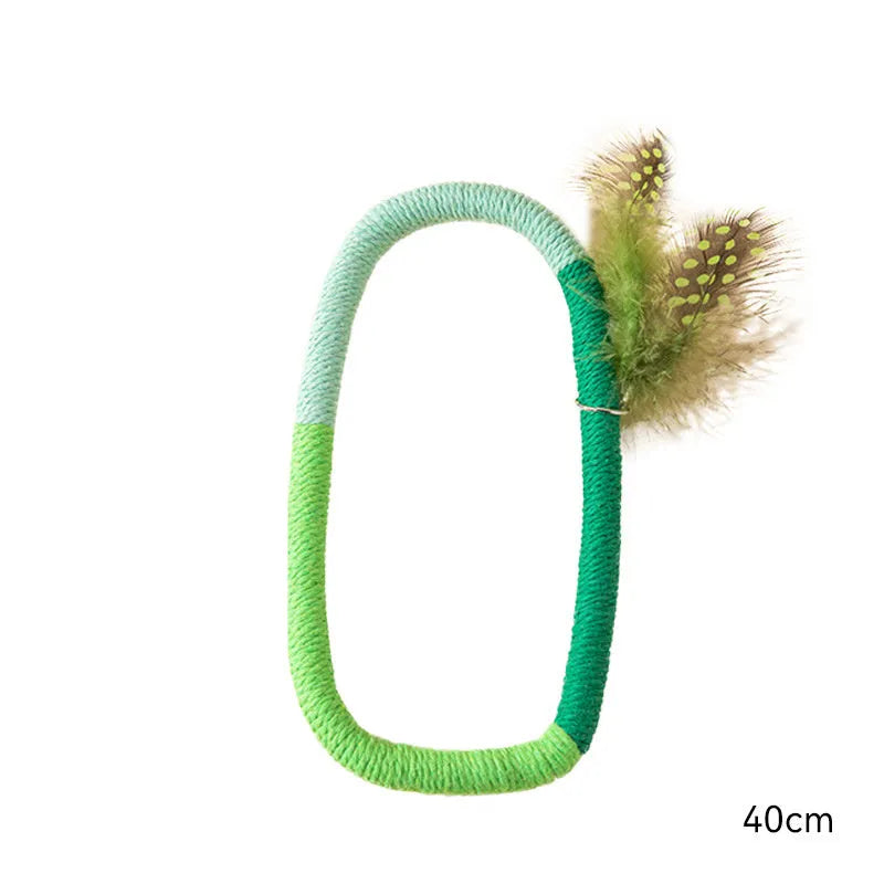 Green cotton rope circular cat toy with feathers and catnip for safe chewing