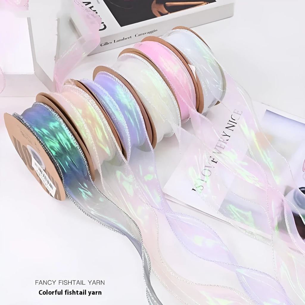 Roll of colourful mesh wave ribbon with fishtail yarn texture in 4cm width
