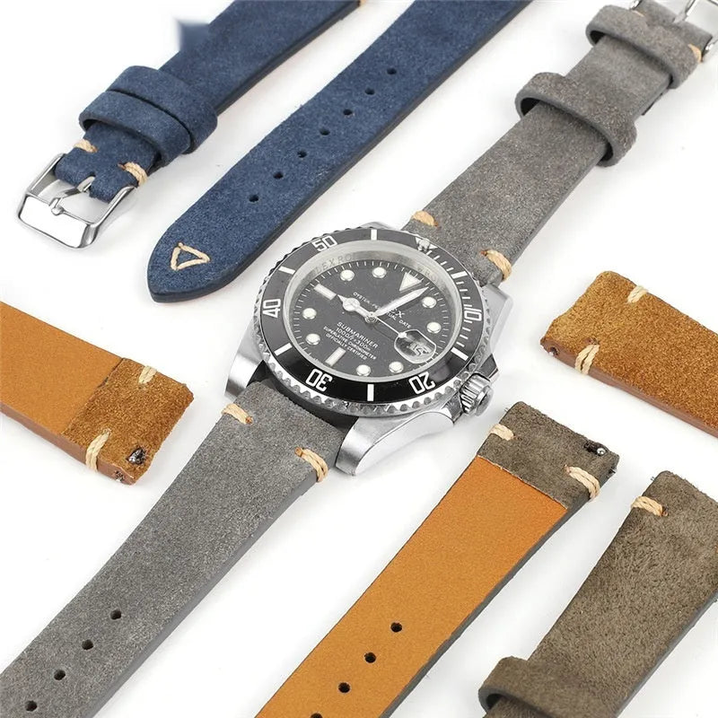 Genuine suede leather watch strap in brown, blue, gray, and Army Green colours showing 20mm and 22mm width options