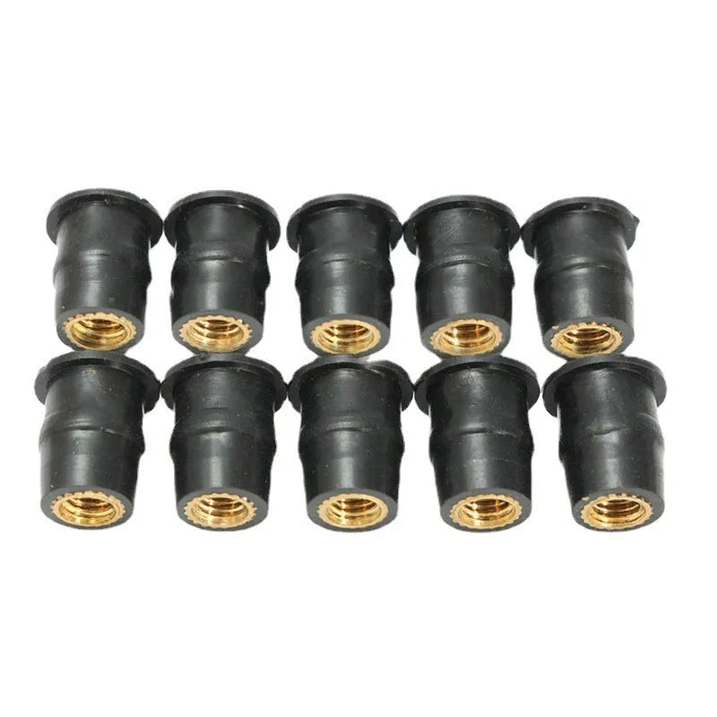 Black motorcycle windshield rubber well nut brass fasteners in three metric sizes