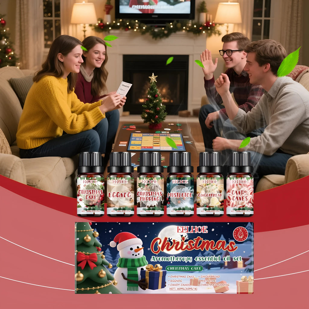 Christmas aromatherapy oil set showing six bottles with 60ml and 10ml sizes for diffusers