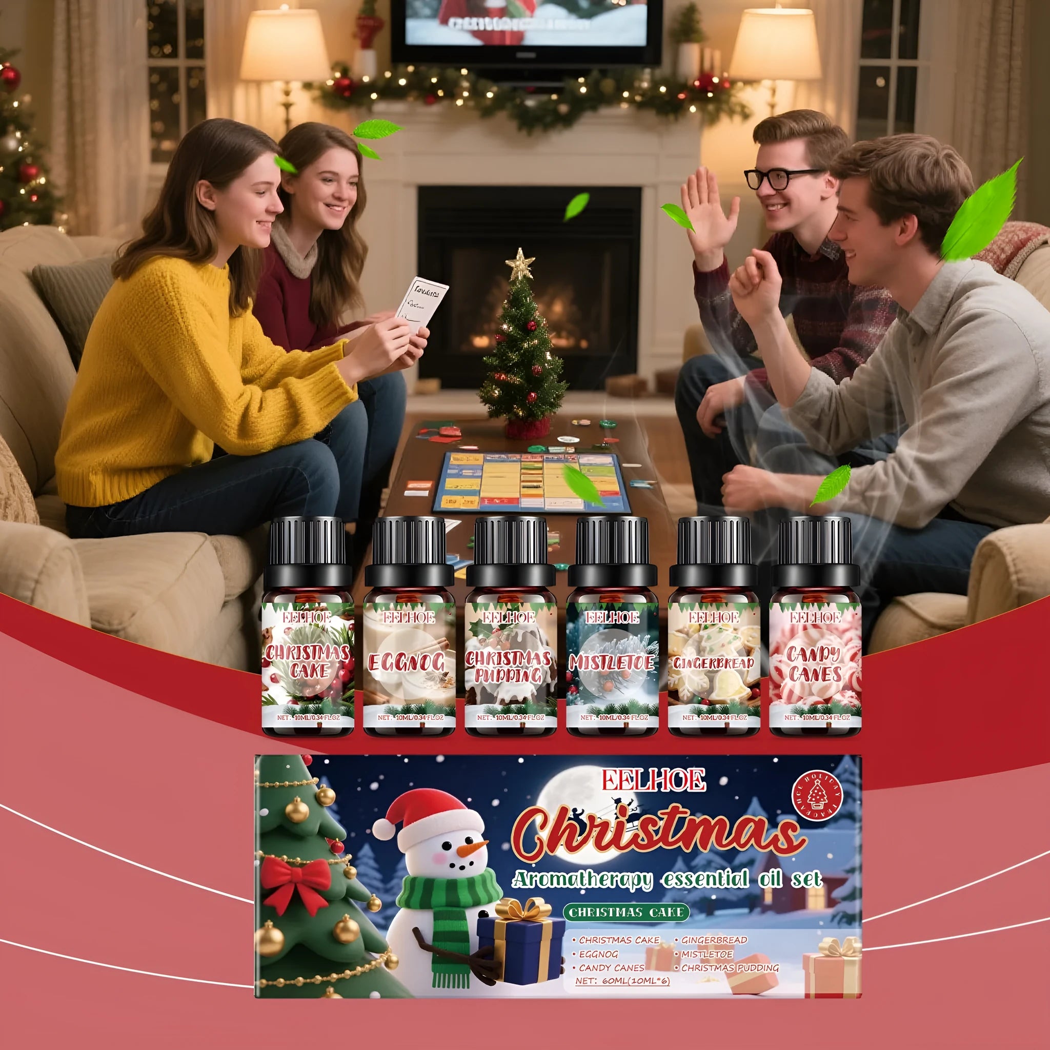 Christmas aromatherapy oil set showing six bottles with 60ml and 10ml sizes for diffusers