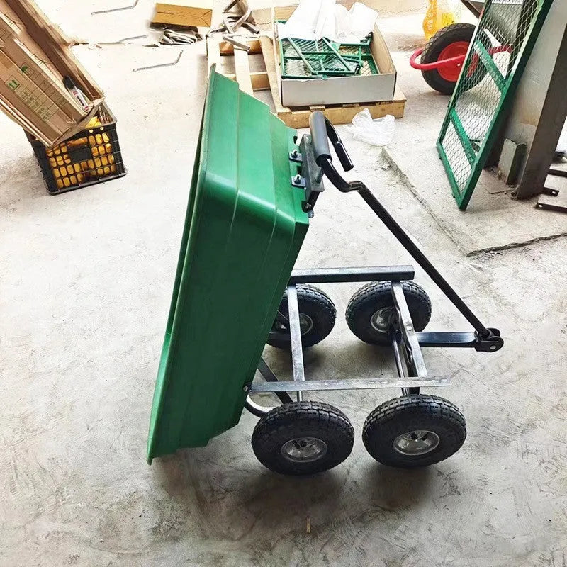 Green four-wheel plastic dump truck with steel PP body and tilting cargo bed for 350kg loads