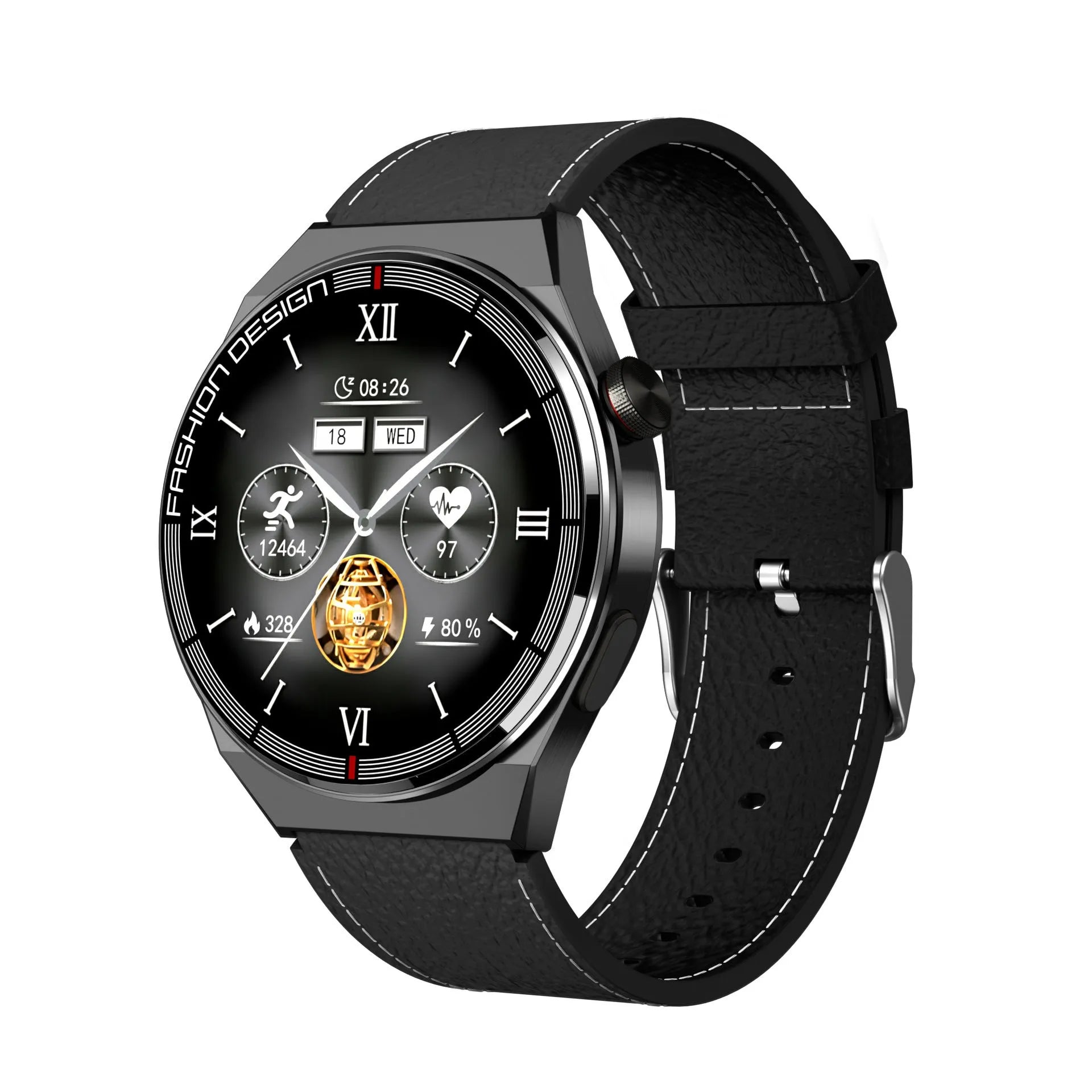 46mm smartwatch with black case and silicone strap showing health metrics on 1.28-inch screen