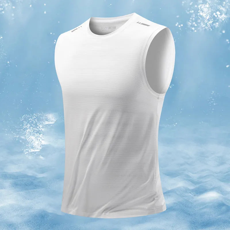 Men's loose-fit bamboo fibre polyester sleeveless vest in grey on a hanger.
