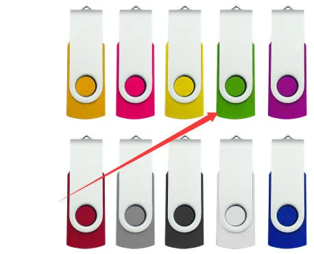 32GB rotating USB drive with metal and plastic case, indicator light, and compact 57x19x10mm size
