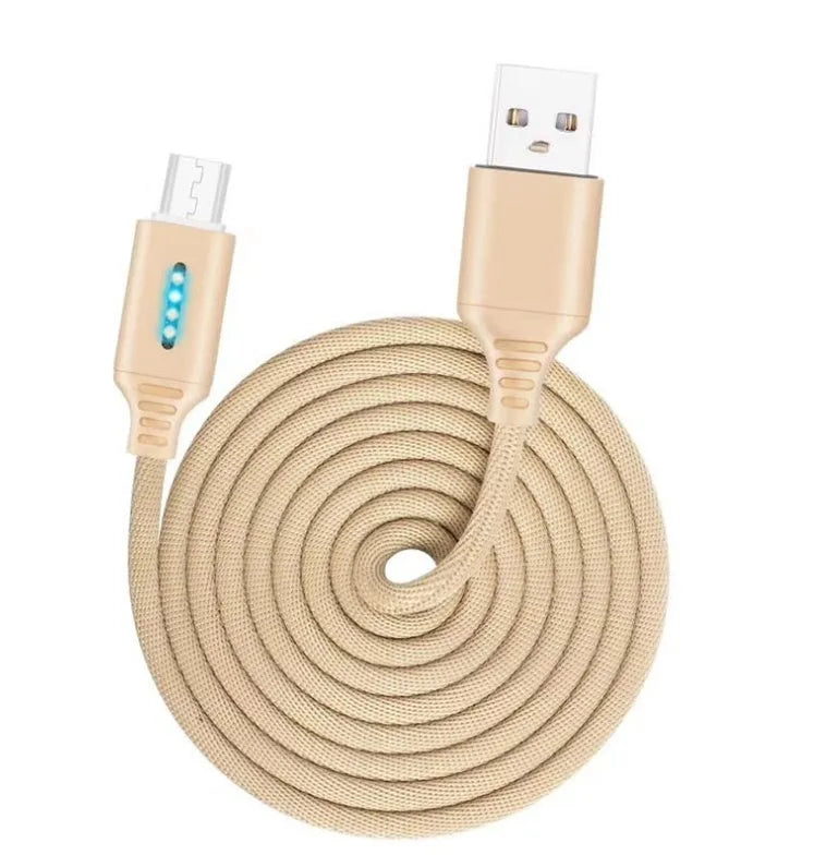 Fabric braided USB fast charging cable in black, shown with Android and Type-C connectors.