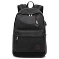 Canvas USB rechargeable backpack in grey showing front pocket and shoulder strap
