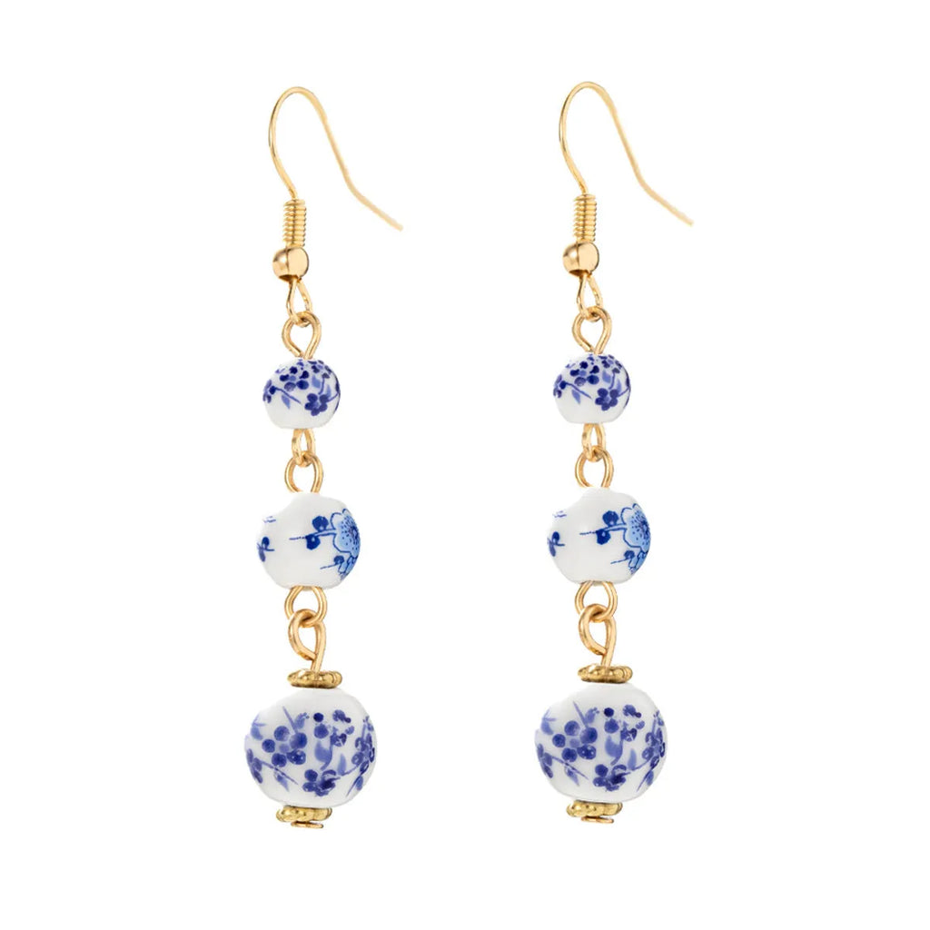 Blue and white porcelain ceramic bead geometric retro earrings with alloy construction