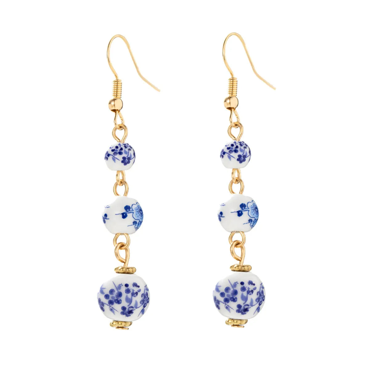 Blue and white porcelain ceramic bead geometric retro earrings with alloy construction