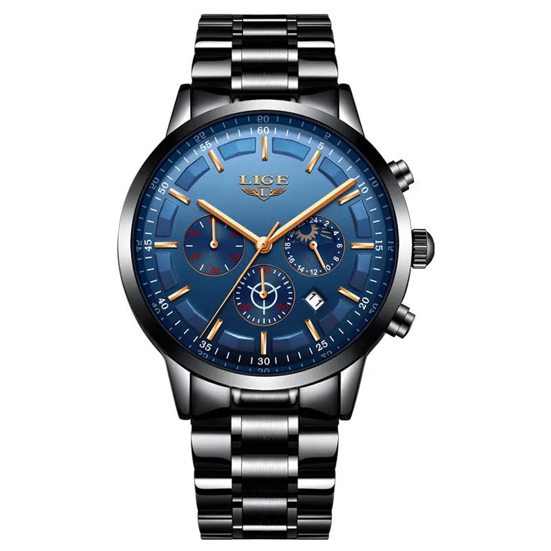 Men's waterproof quartz business sports watch in black and rose red gold with 12mm thickness