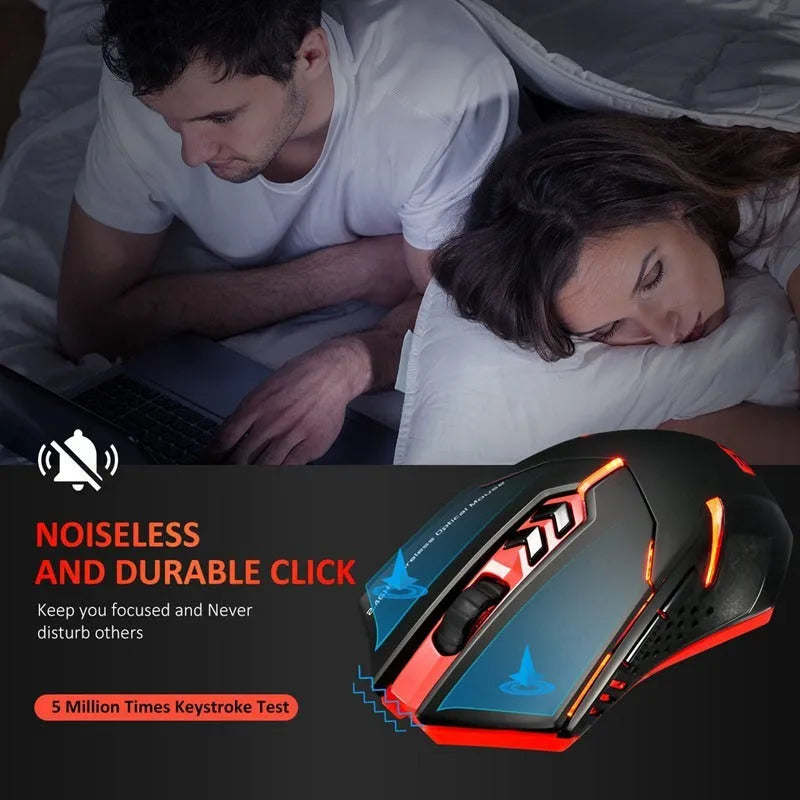 Wireless mouse with silent buttons, LED backlight, and adjustable DPI, available in blue or red