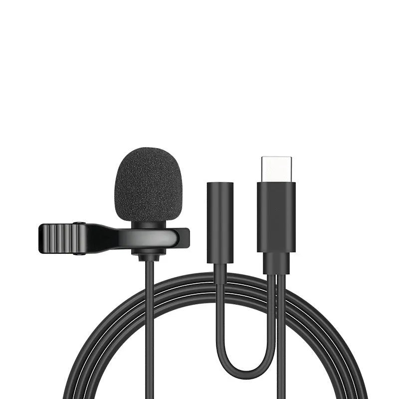 Black lavalier clip microphone with in-ear headphones connected to 3.5mm plug for Apple iPhone