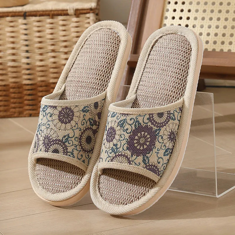 Women's open-toe linen slippers in various colours with thickening sole