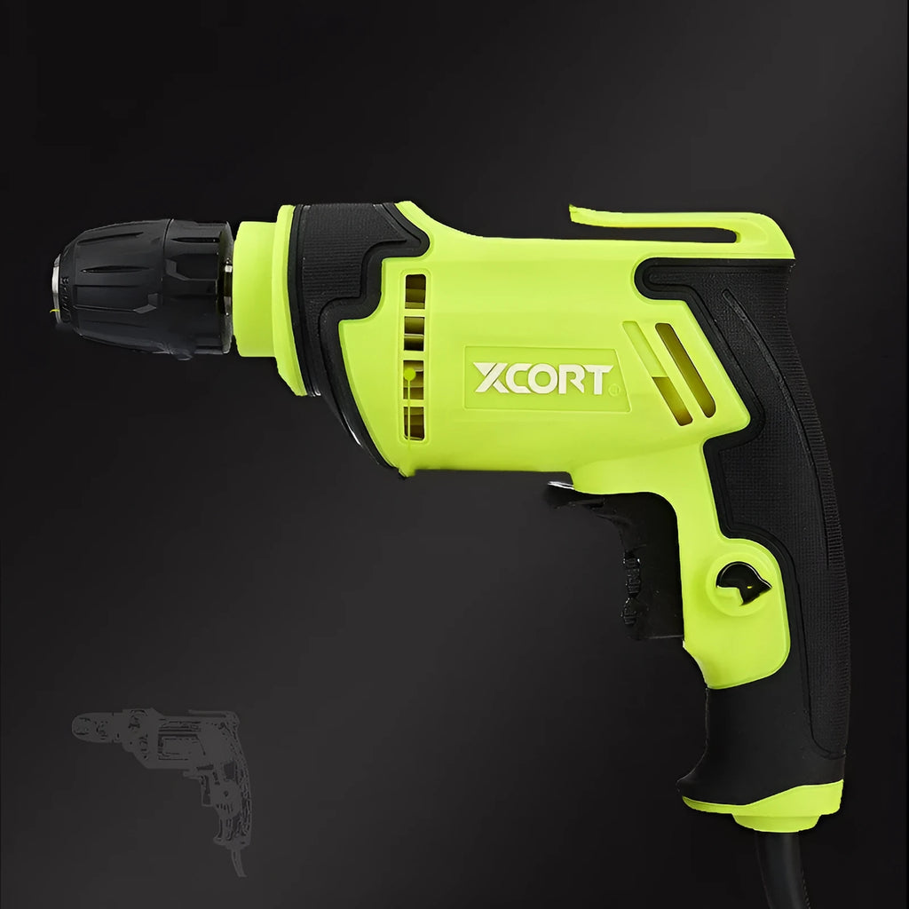 Black pistol grip electric drill with a 10mm chuck on a workbench