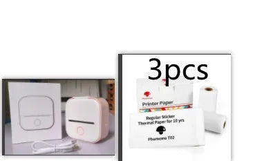 Phomemo T02 mini thermal label printer in white, showing front view with roll of sticky paper